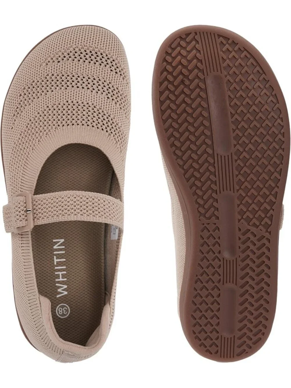 Women's Beige Barefoot Mary Jane Flats Knit Adjustable Straps Shoes